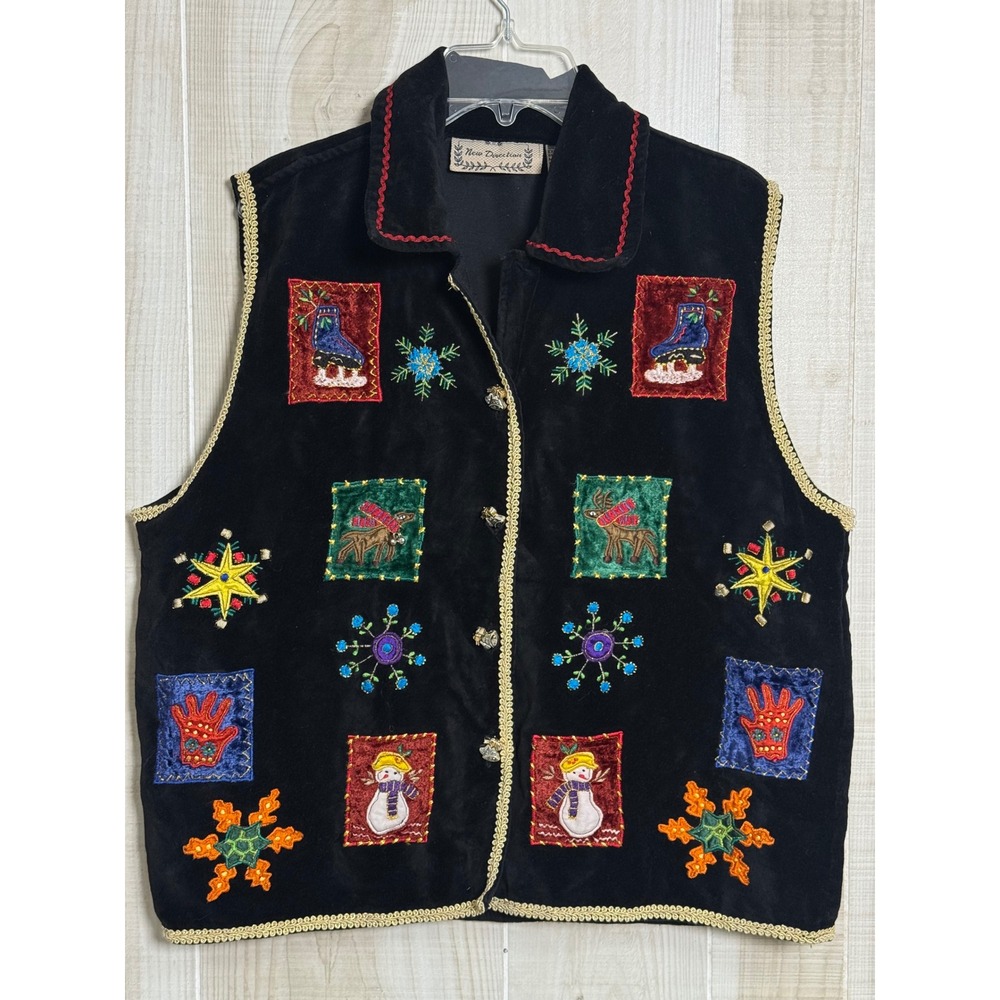 VTG New Direction Christmas Vest Black Velvet Embroidered Snowman Reindeer Large